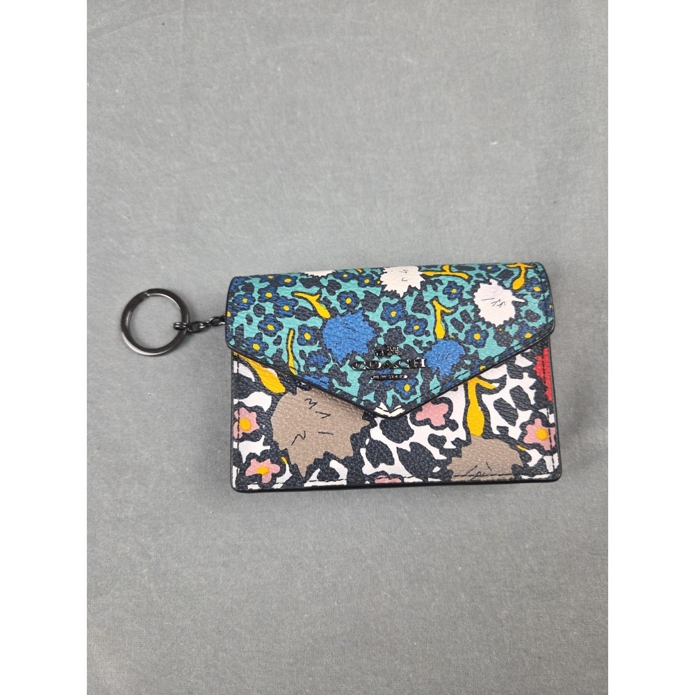 COACH Floral Print Zippered Coin/ Card Holder/ Button Closure/Key Ring